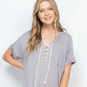 Gray Casual Top with White Rope Drawstring, Front Pocket and Side Slit